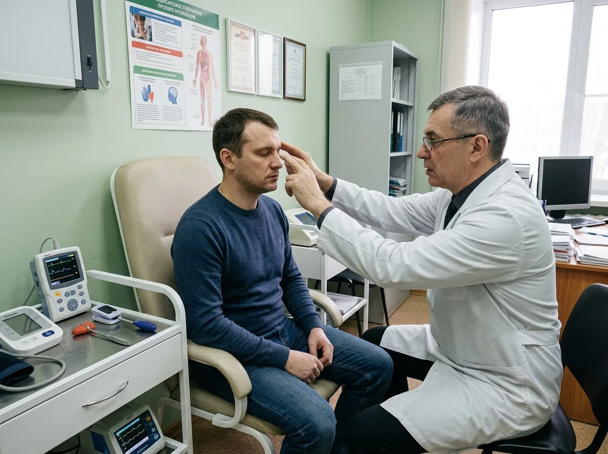 Врач-нарколог проводит процедуру кодирования пациенту, клинический кабинет, медицинское оборудование